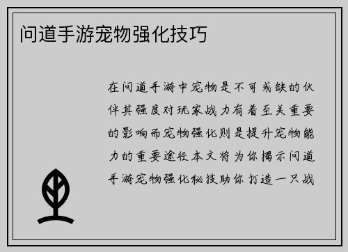 问道手游宠物强化技巧